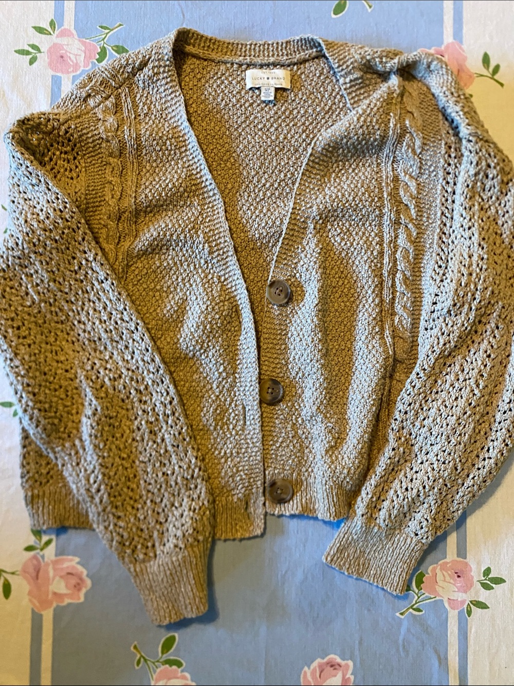 Lucky Brand Taupe Cable Knit Button-Front Cardigan